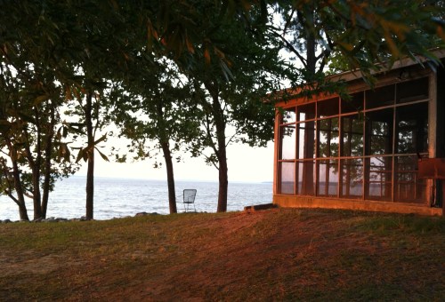 A lakeside view featuring a cabin with large windows, surrounded by trees and a grassy area, with water in the background.