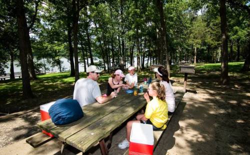 A group of people enjoying a picnic at a wooded park near a lake, sitting around a picnic table.