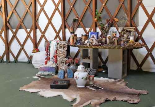 A cozy indoor space featuring a table with various decorative items, including owls, plants, and personal artifacts on a rug.