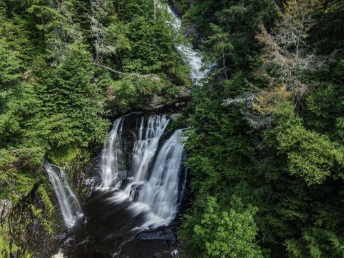 A serene waterfall cascading through lush green trees in a tranquil forest setting.