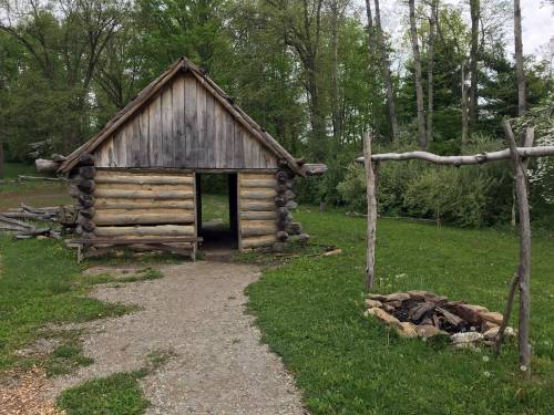 A rustic log cabin with a stone fire pit nearby, surrounded by greenery and trees.