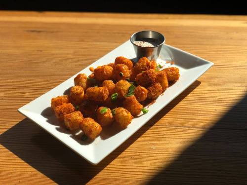 A plate of golden-brown tater tots served with a small cup of dipping sauce on a wooden table.