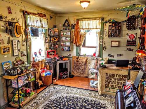 Cozy room filled with eclectic decor, shelves of items, and a patterned rug, creating a warm, inviting atmosphere.