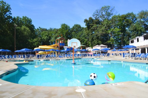 A sunny pool area with colorful beach balls, a basketball hoop, and lounge chairs under blue umbrellas.