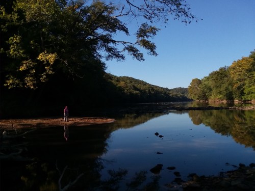 A person stands by a calm river, surrounded by trees and reflecting blue sky, creating a serene natural scene.