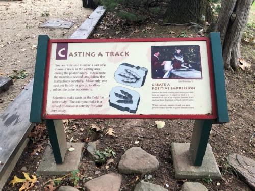 Sign explaining how to make a dinosaur track cast, with instructions and a note about its educational purpose.