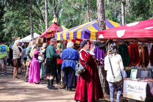 A lively outdoor market scene with people in medieval costumes browsing colorful vendor tents.