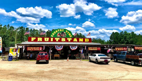 A colorful fruit stand with flags, offering homemade jams and fresh produce, set against a blue sky with fluffy clouds.