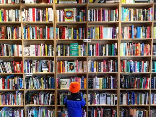 A child in an orange hat stands in front of a colorful bookshelf filled with various books.