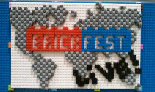 Colorful LEGO bricks arranged to spell "BRICKFEST" over a world map design.