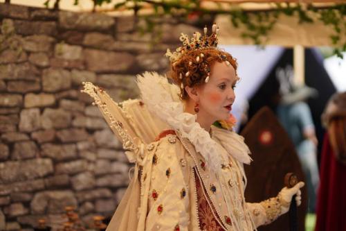A woman in a regal costume with a crown and ornate details, standing against a stone wall backdrop.