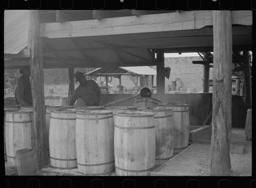 Workers in a rustic setting, surrounded by wooden barrels, engaged in a task under a covered structure.