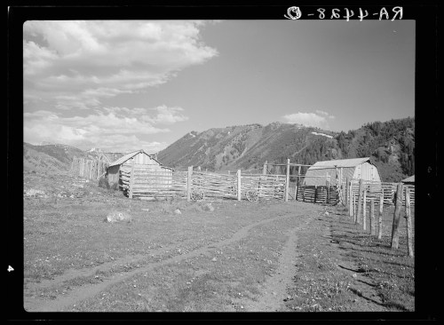 A rustic homestead with wooden buildings and a fenced area, set against a backdrop of mountains and a cloudy sky.