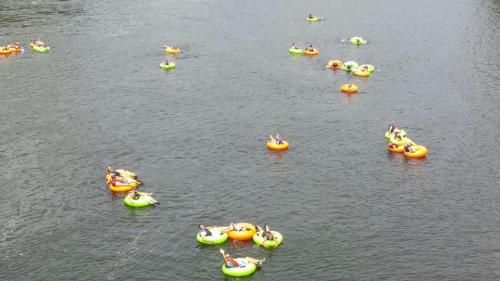 People floating on colorful inner tubes in a river on a sunny day.