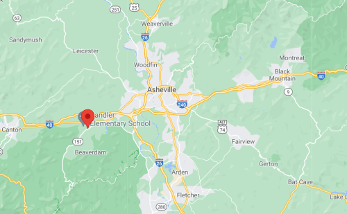 Map showing the area around Asheville, North Carolina, with a marker for Chander Elementary School.
