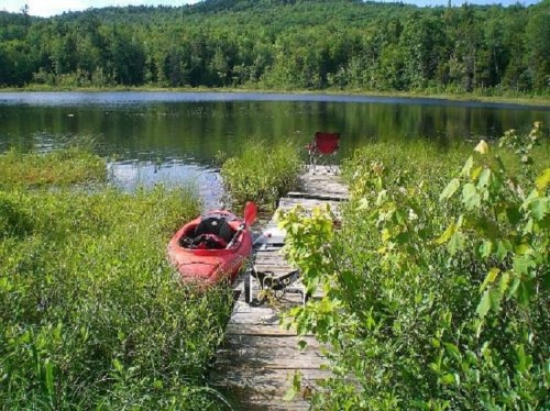 A red kayak rests on a wooden dock surrounded by lush greenery and a calm lake under a clear blue sky.
