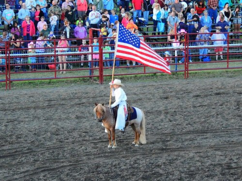 A rider in white attire holds an American flag while on a pony, with a crowd watching in the background.