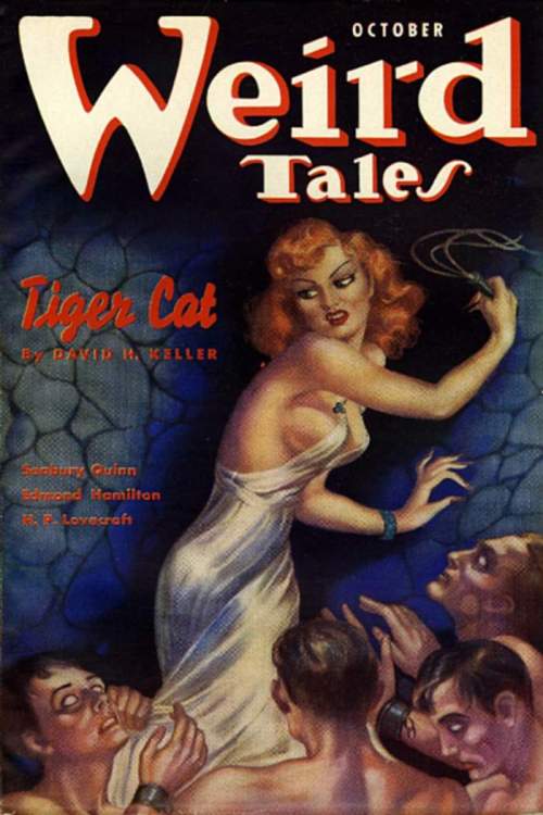 Cover of "Weird Tales" magazine featuring a woman in a white dress surrounded by men, with the title "Tiger Cat."
