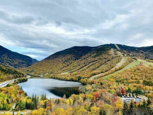 A scenic view of a lake surrounded by autumn foliage and mountains under a cloudy sky.