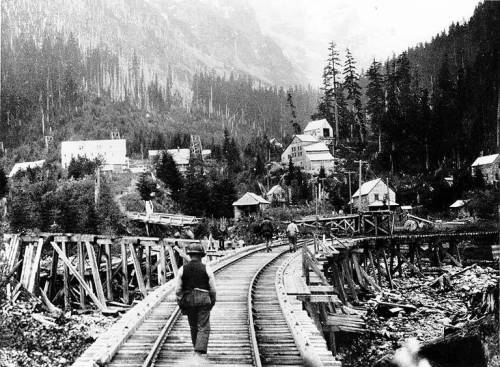 A black and white photo of a railway track winding through a forested area with a small settlement in the background.