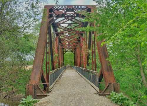 Rusty metal bridge surrounded by lush greenery, leading over a gravel path through a serene landscape.