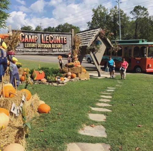Sign for Camp LeConte Luxury Outdoor Resort with pumpkins and scarecrows, surrounded by greenery and a pathway.