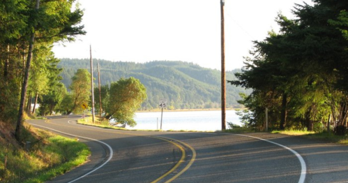 A winding road alongside a lake, surrounded by trees and mountains under a clear sky. Speed limit sign visible.