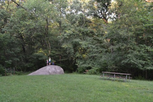 Two children play on a large rock in a wooded area, with a picnic table visible in the grassy foreground.
