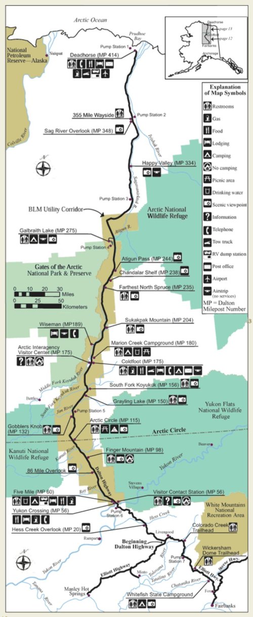 Map of Alaska highlighting routes, parks, and wildlife refuges, including the Arctic National Wildlife Refuge and utility corridors.
