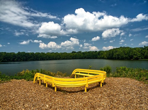 A bright yellow curved bench overlooks a serene lake under a blue sky with fluffy clouds.