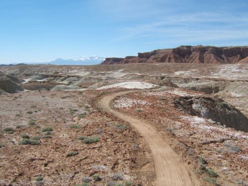 A winding dirt path through a rugged, colorful landscape with distant snow-capped mountains under a clear blue sky.