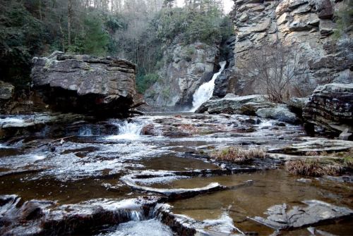 A serene waterfall cascades over rocky cliffs, surrounded by lush greenery and a tranquil stream in the foreground.