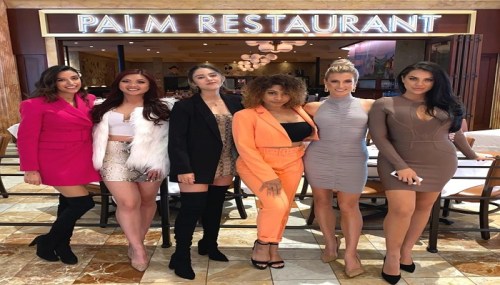 A group of six women in stylish outfits pose together in front of the Palm Restaurant sign.