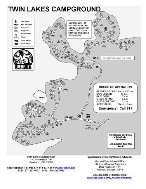 Map of Twin Lakes Campground showing campsites, facilities, and hours of operation. Emergency contact info included.
