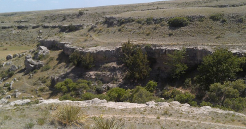 A rocky cliffside with sparse vegetation and a grassy landscape under a clear blue sky.