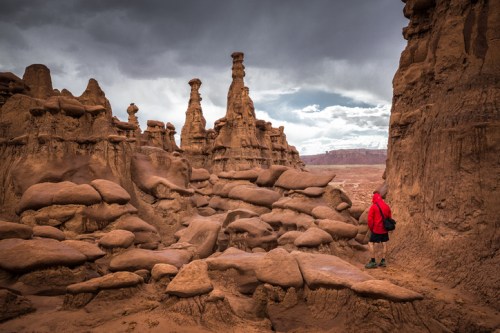 A person in a red jacket stands among unique rock formations under a cloudy sky in a desert landscape.