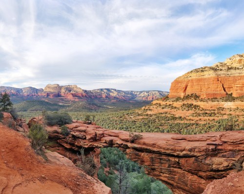 A panoramic view of red rock formations and lush greenery under a blue sky in a desert landscape.
