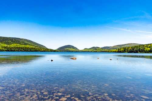 A serene lake surrounded by green hills under a clear blue sky, with calm water reflecting the landscape.