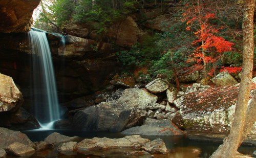 A serene waterfall cascades over rocks, surrounded by lush greenery and vibrant autumn foliage.