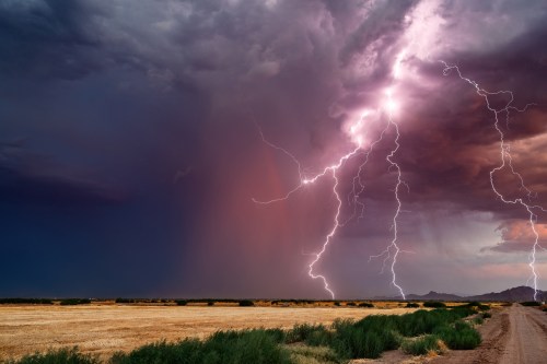A dramatic sky filled with dark clouds and bright lightning strikes over a golden field and distant mountains.