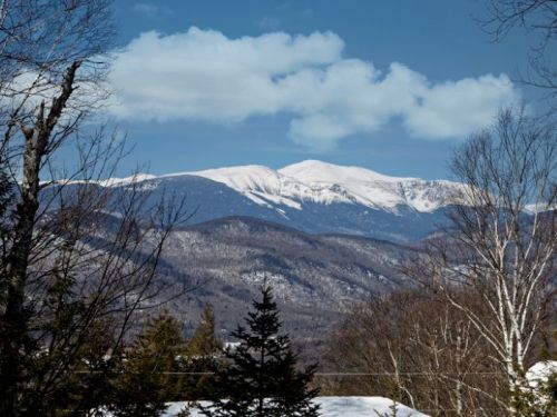 Snow-capped mountains under a blue sky with scattered clouds, framed by trees in the foreground.