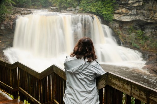 A person in a gray jacket stands by a wooden railing, gazing at a large waterfall surrounded by lush greenery.