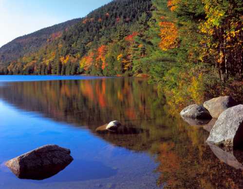 A serene lake surrounded by autumn foliage, with colorful trees reflecting on the water's surface and rocks in the foreground.