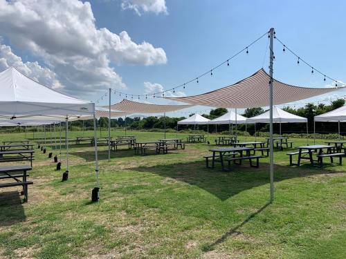 Outdoor event space with white tents, picnic tables, and string lights under a blue sky with scattered clouds.
