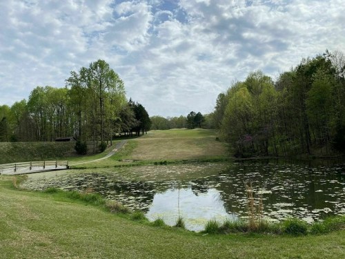 A serene landscape featuring a pond, lush greenery, and a cloudy sky, with a path leading through the trees.