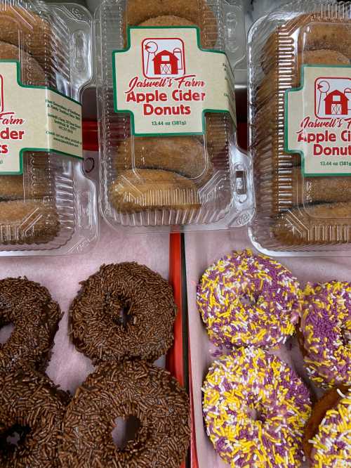 A display of apple cider donuts in clear packaging, featuring chocolate sprinkles and colorful icing on some.