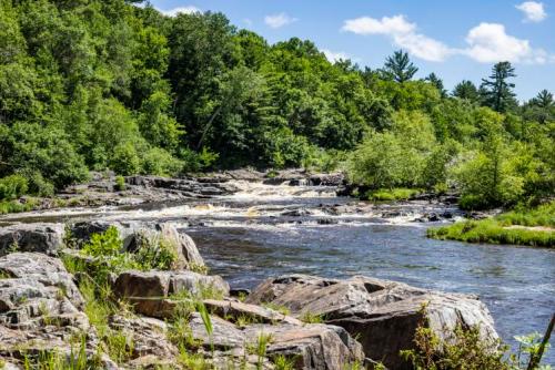 A serene river flows through a lush green landscape, with rocky banks and trees under a bright blue sky.