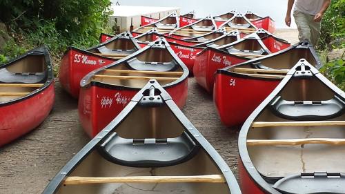 A row of red canoes lined up on a path, surrounded by greenery and a glimpse of water in the background.