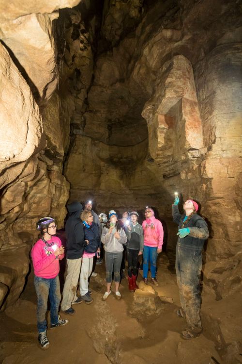A group of people in helmets explores a cave, using headlamps to illuminate the rocky surroundings.