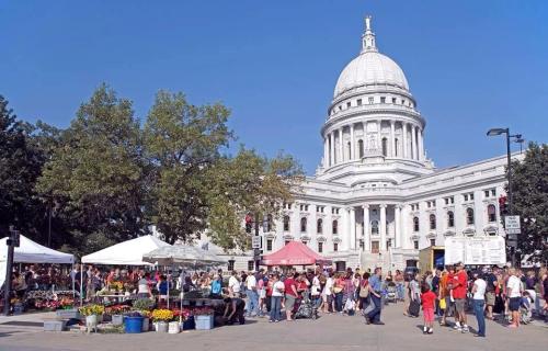 A bustling outdoor market in front of a grand white dome building, with people browsing stalls and enjoying the day.